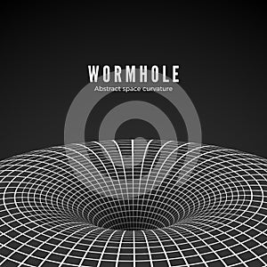 Abstract black hole or wormhole. Sci-fi digital illustration of portal though time and space. Space curvature - funnel. Vector photo