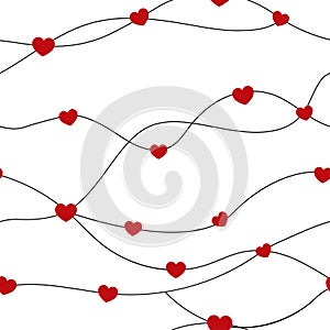 Abstract black horizontal lines with red hearts shape seamless pattern on white background