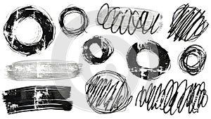 Abstract black ink brush strokes and scribbles on a white background artistic elements collection