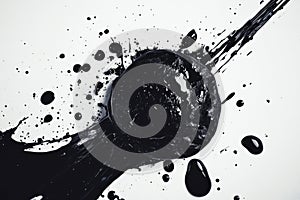 Abstract black ink splash on white surface with dynamic spatter patterns