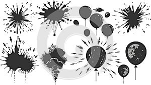 Abstract black ink splatters and balloon silhouettes on white background.