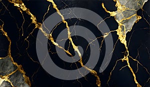 Abstract black marble background with golden veins, japanese kintsugi technique