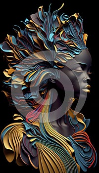 Abstract black model with fancy decorated hair. Modernist art. Ai generative