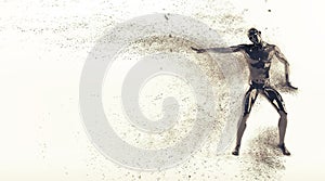 Abstract black plastic human body mannequin with scattering particles over white background. Action break dance electric pose