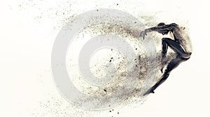 Abstract black plastic human body mannequin with scattering particles over white background. Action dance jump ballet pose