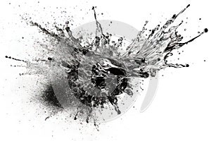 Abstract black powder explosion. Paint or cosmetics burst on white background. Generated AI.