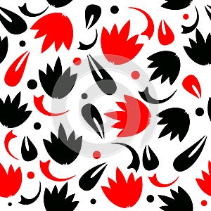 Abstract black and red vector seamless pattern on white background. Tulips flowers. Geometric abstract shapes, circles, polka dots