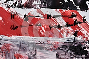 Abstract black red white background. Watercolor ink art collage. Stains, blots and brush strokes of paint