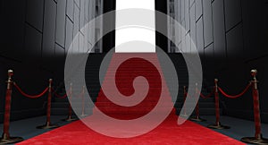 Abstract black room with stairs and open door with bright light. red carpet on stairway to open door,