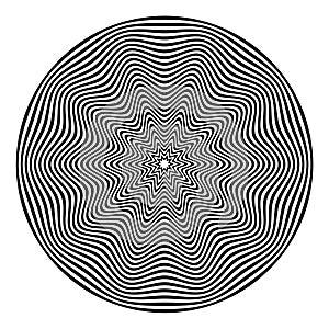 Abstract black round shape on white background. Optical illusion of distorted surface. Twisted stripes in circle. Stylized 3d