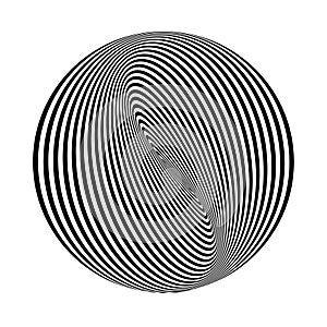 Abstract black round shape on white background. Optical illusion of distorted surface. Twisted stripes in circle. Stylized 3d