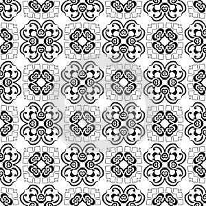 Abstract Black Seamless Repeated Design With Geometrical Stylish Flower Decorative Elements On White Background Illustration