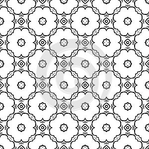 Abstract Black Seamless Repeated Design With Geometrical Stylish Flower Decorative Elements On White Background Illustration
