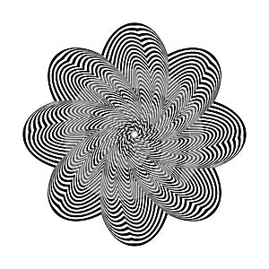 Abstract black shape on white background. Optical illusion of distorted surface. Twisted stripes. Stylized 3d surface. Vector