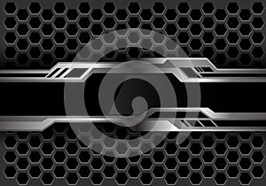 Abstract black silver futiristic banner on dark gray hexagon mesh design modern background technology vector