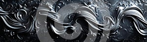 Abstract black and silver metallic wave pattern with intricate details and texture