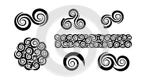 Abstract black swirl spiral shapes vector set with decorative pattern elements