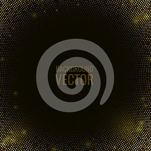 Abstract black textured background with golden glitter halftone pattern.