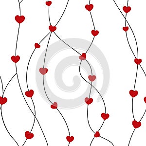 Abstract black vertical lines with red hearts shape seamless pattern on white background