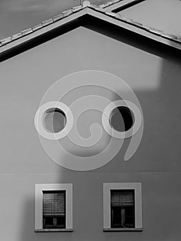 Abstract black and white architectural composition. Shade on the building highlights geometric forms