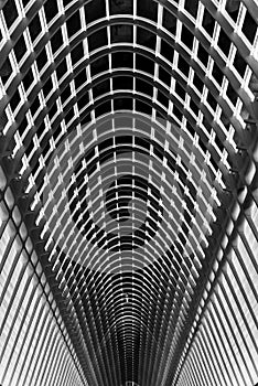 Abstract black and white architectural structure with symmetrical metal grid pattern forming a tunnel-like perspective