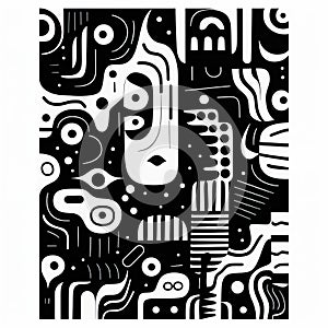 Abstract Black And White Art Print: Masks, Totems, And Squiggly Lines