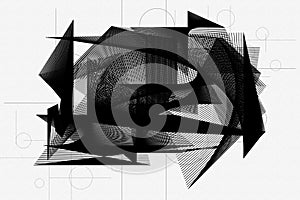 Abstract black and white background with geometric elements smooth lines and waves,