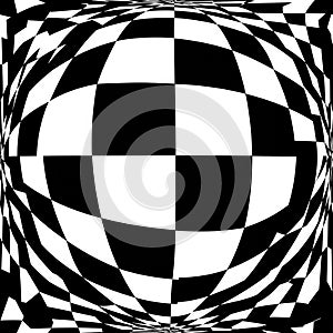 An abstract, black and white checkerboard pattern creates an optical illusion with a