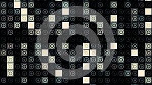 Abstract black and white checkered background. Motion. Geometric pattern with blinking monochrome squares and circles.