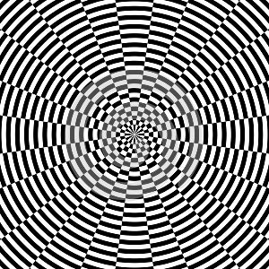 Abstract black and white circular striped background. Geometric pattern with visual distortion effect.