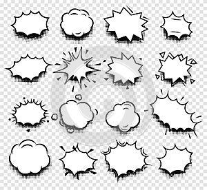 abstract black and white color comics speech balloons icons collection on checkered background, dialogue boxes