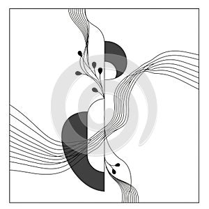 Abstract black and white design featuring fluid, curving lines that intersect photo