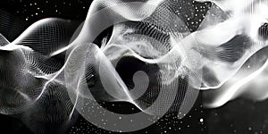 Abstract Black and White Digital Wave with Particles and Lines on a Dark Background