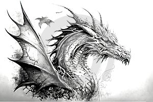 abstract black and white drawing of a dragon's head and wing, side view