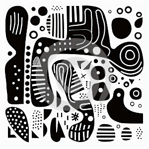 Abstract Black And White Drawing With Earthy Organic Shapes And Memphis Design