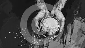 Abstract Black and White Drawing of Two Hands Holding a Bowl of Rice