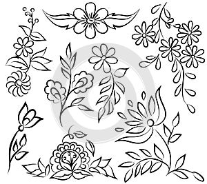 Abstract black and white floral arrangement in the form of border angle.