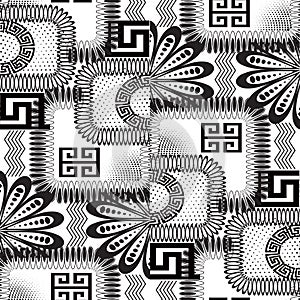 Abstract black and white floral greek vector seamless pattern. G