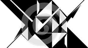 Abstract black and white geometric composition featuring sharp, intersecting