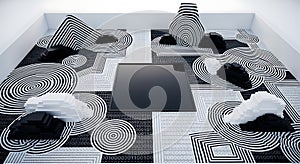 Abstract Black and White Geometric Design with Binary Code and Pixelated Elements