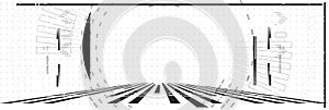 Abstract black and white geometric design with lines converging in a dynamic perspective view photo
