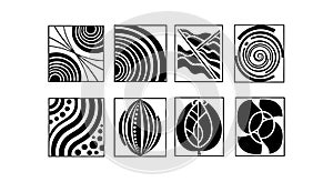 Abstract black and white geometric pattern vector set with circle and leaf shapes