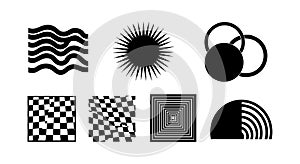 Abstract black and white geometric shapes vector illustration with wave sun and circle patterns