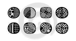 Abstract black and white geometric and swirl pattern circular vector icons set