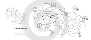 abstract black white hexagon, technology icon background, scientific illustration, network concept