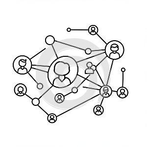 Abstract black and white illustration of a network of interconnected circles with