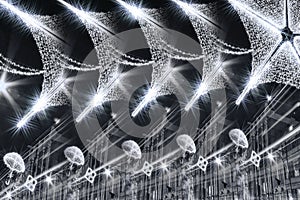 Abstract black and white image of Christmas lights decorations