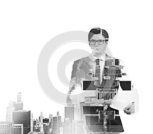 Abstract black and white Image of transparent businessman's Silhouettes. New York cityscape.