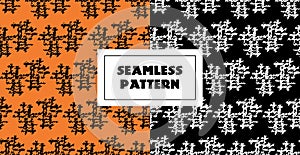 Abstract black white lines seamless pattern on orange and black background. Hand drawn graphic. May use it ffor mens