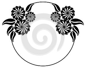 Abstract black and white ornament with decorative flowers. Raster clip art.